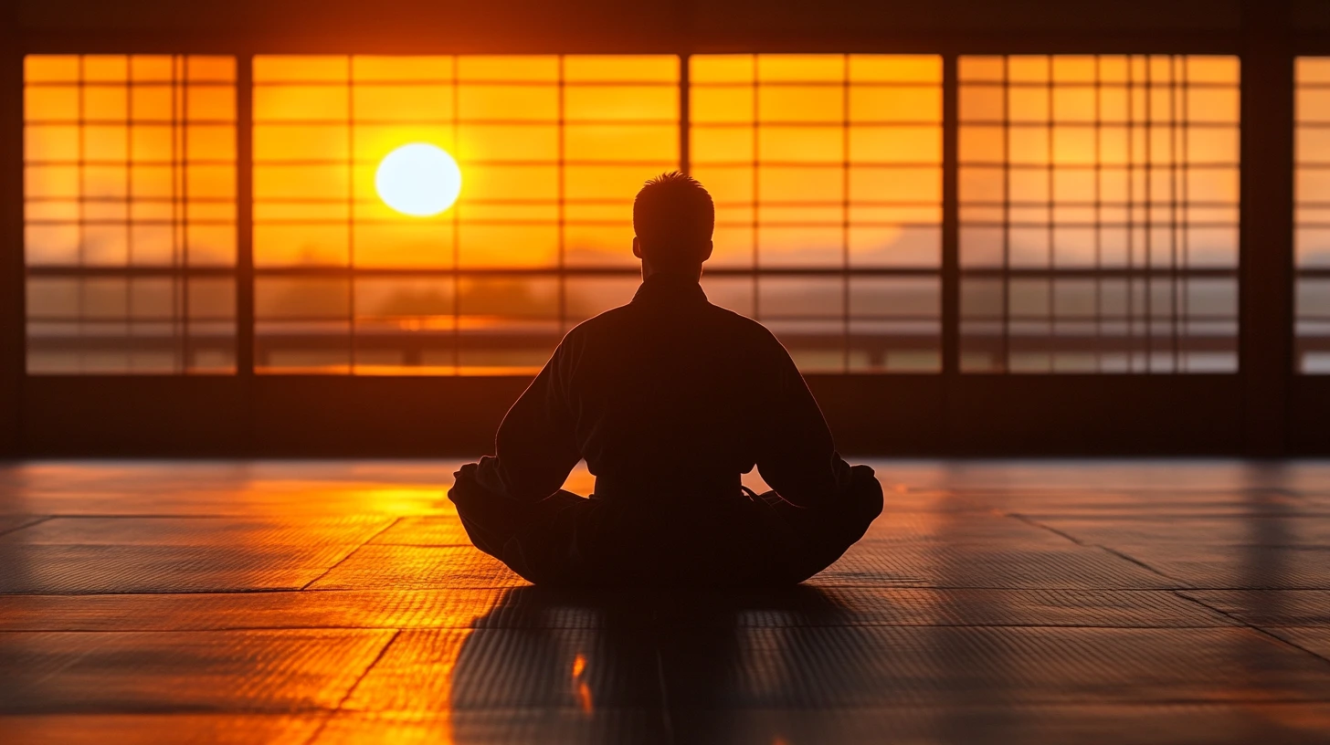 An Aikido practitioner meditating in a serene dojo, focusing on deep breathing with a calm sunrise background