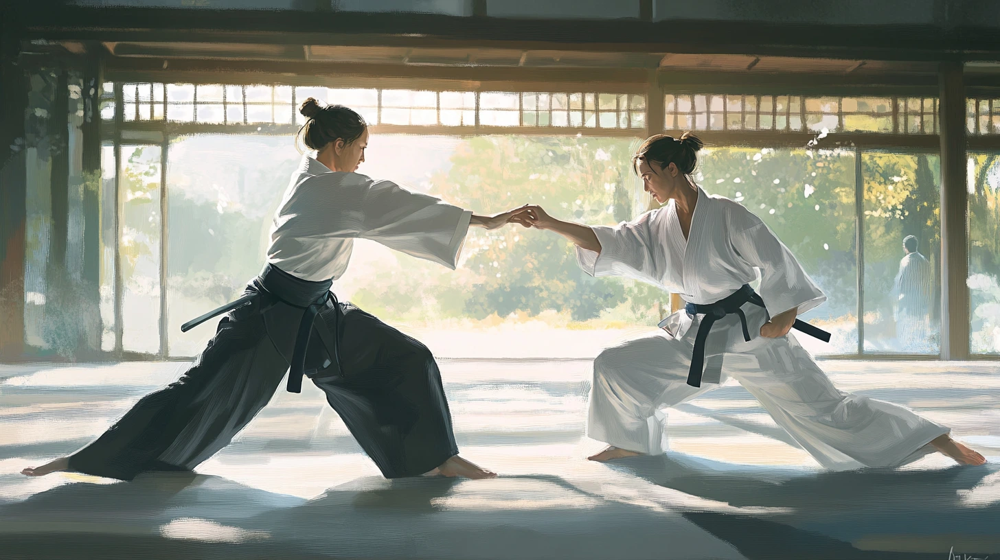 Aikido practitioners demonstrating a technique based on harmony and non-resistance