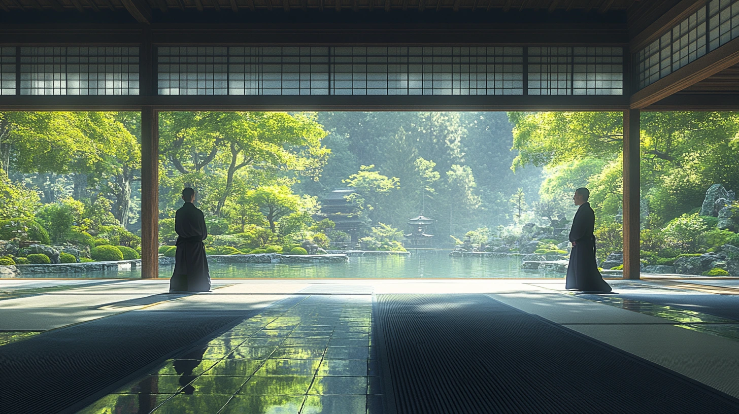 Aikido students practising with calm, focused awareness on the mat