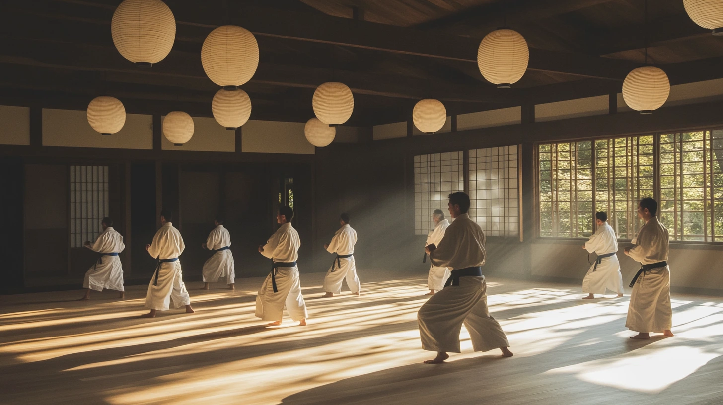A serene dojo with practitioners of diverse ages engaged in fluid Aikido movements under soft lighting