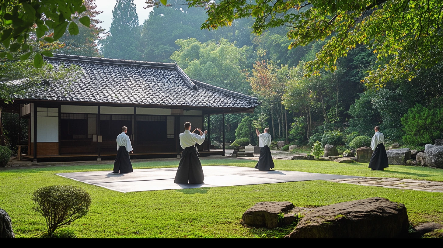 A peaceful Aikido dojo with practitioners demonstrating harmonious movements in a serene natural setting