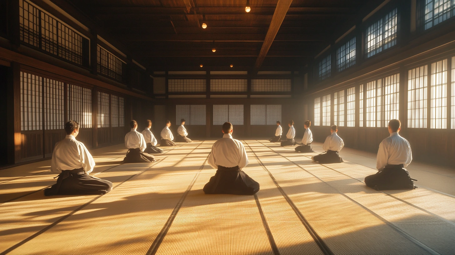 A calm dojo with practitioners performing Aikido techniques and focused deep breathing exercises