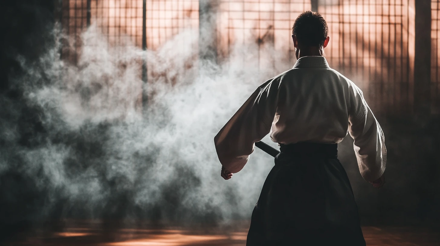 A focused student practising Aikido in a dojo with emphasis on movement fluidity