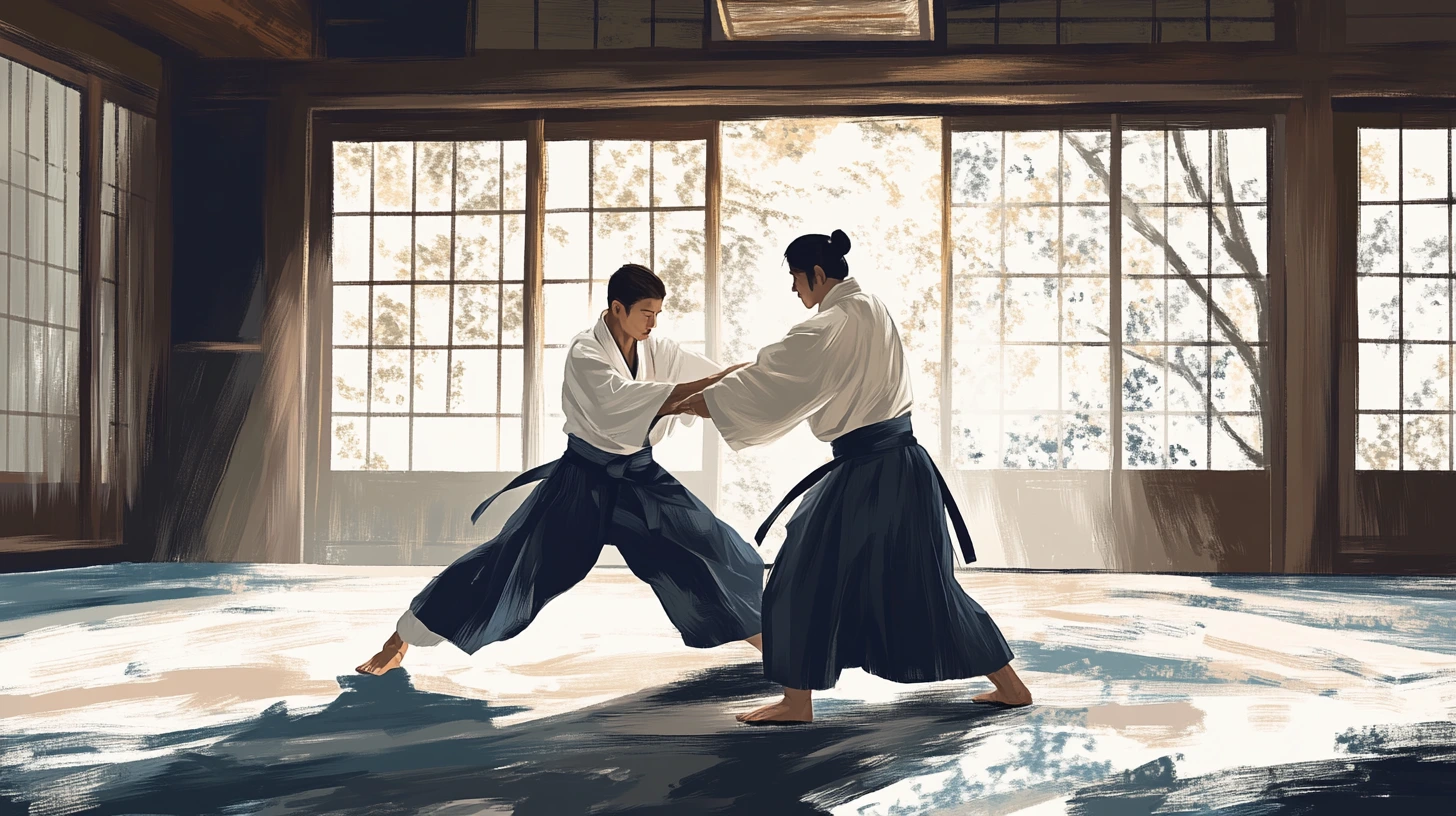 Illustration of two Aikido practitioners demonstrating a joint lock technique in a peaceful, traditional Japanese dojo setting.