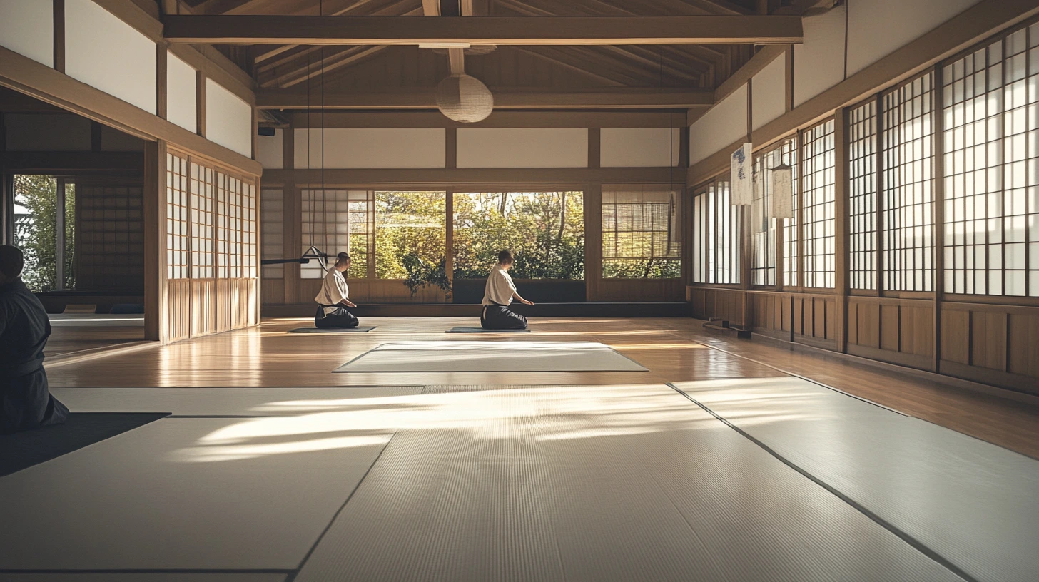 A serene dojo with people practising Aikido and yoga, highlighting flexibility, strength, and balance in a peaceful setting