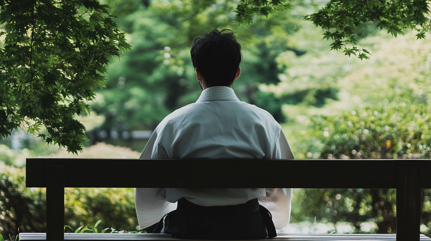 person in aikido training gi, sitting and thinking on a park bench, looking stoic