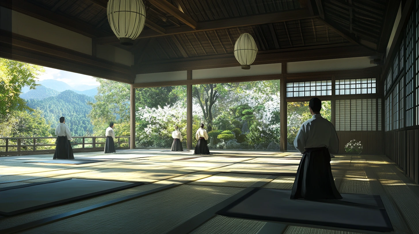 A serene dojo with beginners practicing Aikido movements under the guidance of a sensei, embodying harmony and focus.
