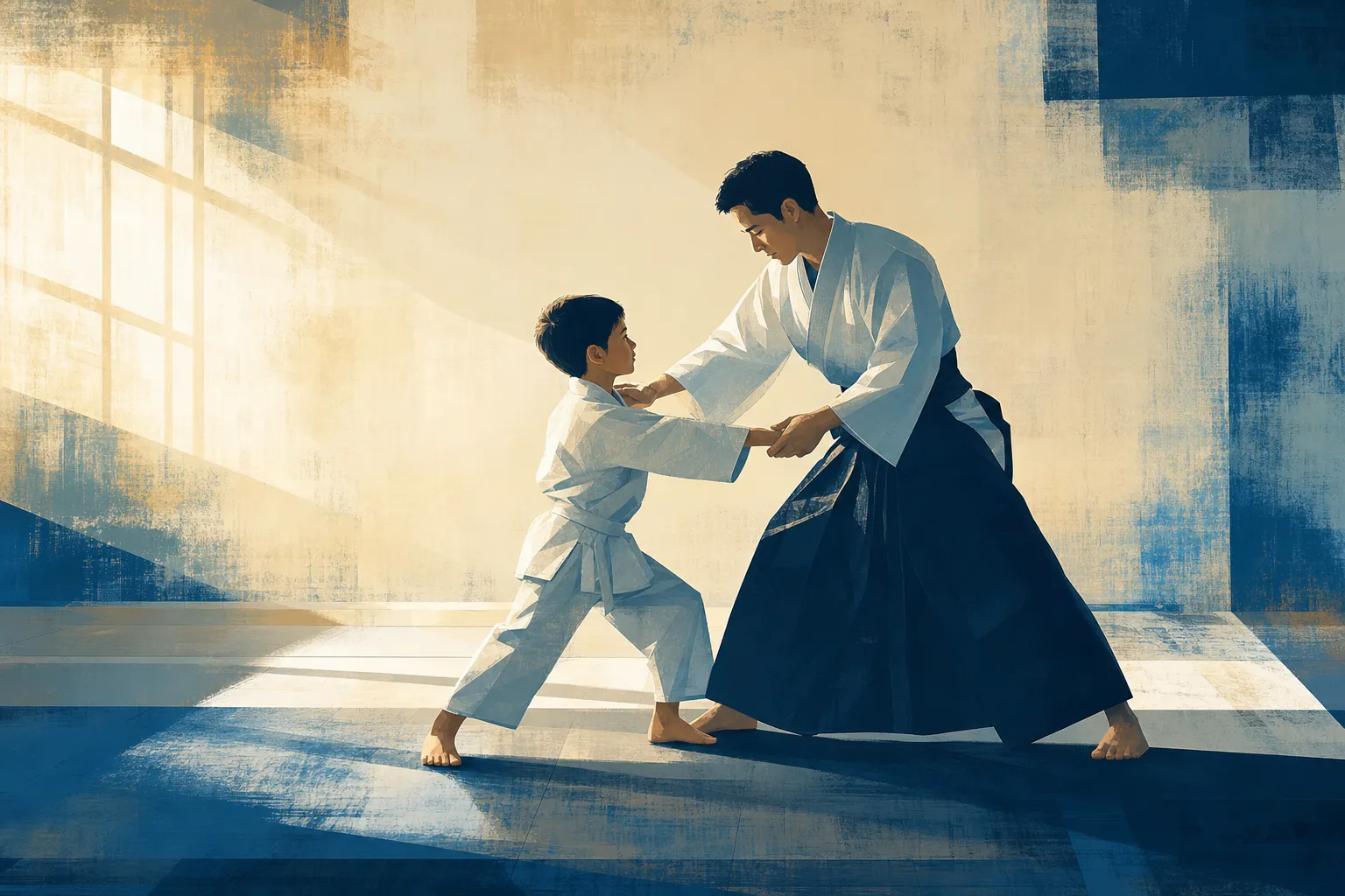 Illustration of a child and adult training together in Aikido, guiding a cooperative technique in a sunlit dojo