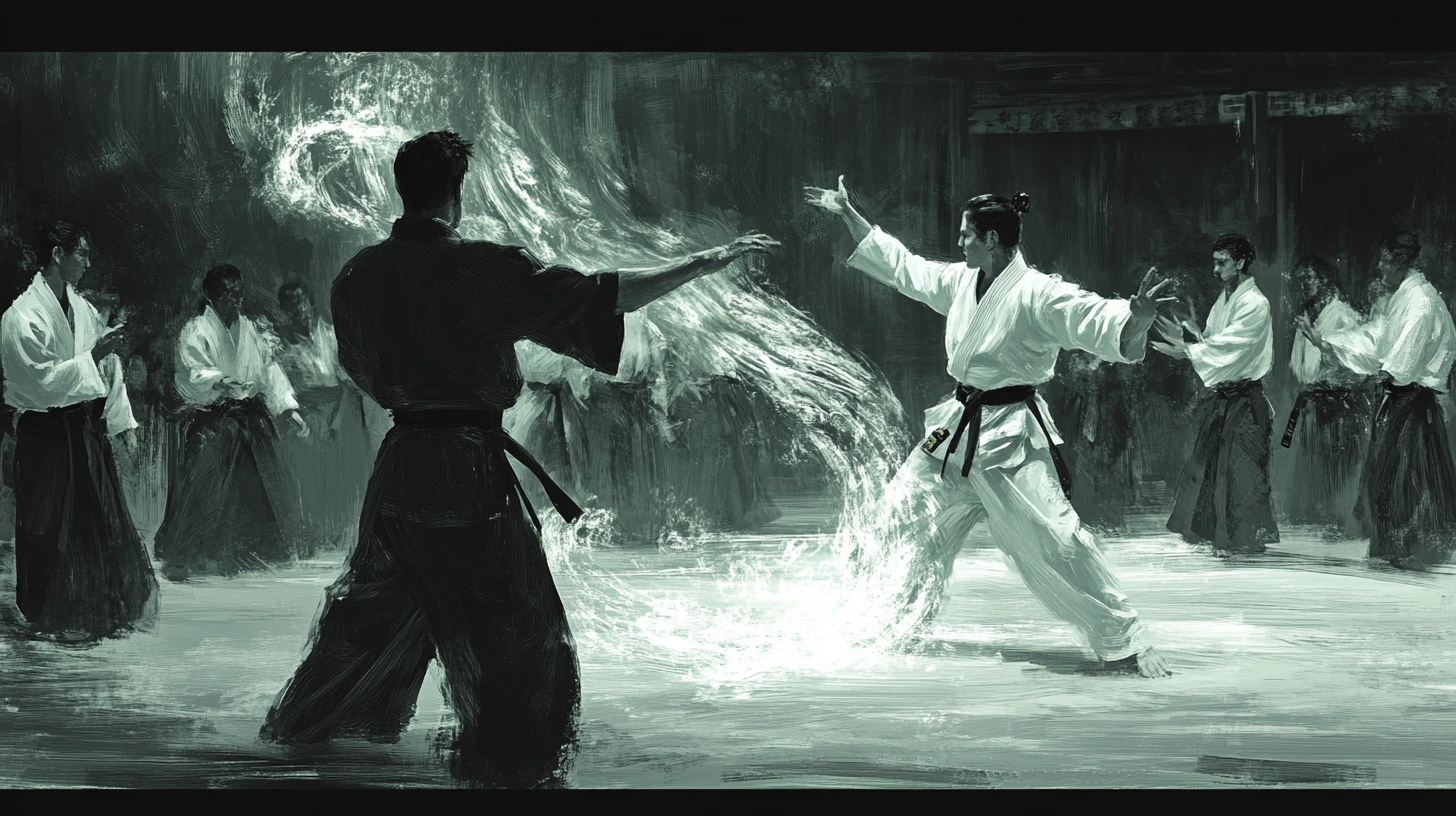 An Aikido dojo with students training under the guidance of an experienced instructor, showcasing diverse techniques and a supportive atmosphere