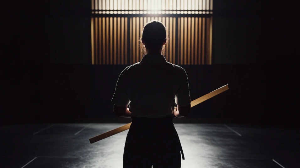 A dramatically lit Aikido practitioner holding a wooden bokken out in front of them