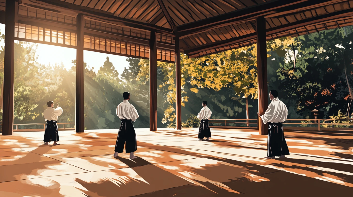 Illustration of an Aikido dojo with practitioners demonstrating fluid, harmonious movements under the guidance of Morihei Ueshiba in a serene, traditional Japanese setting.