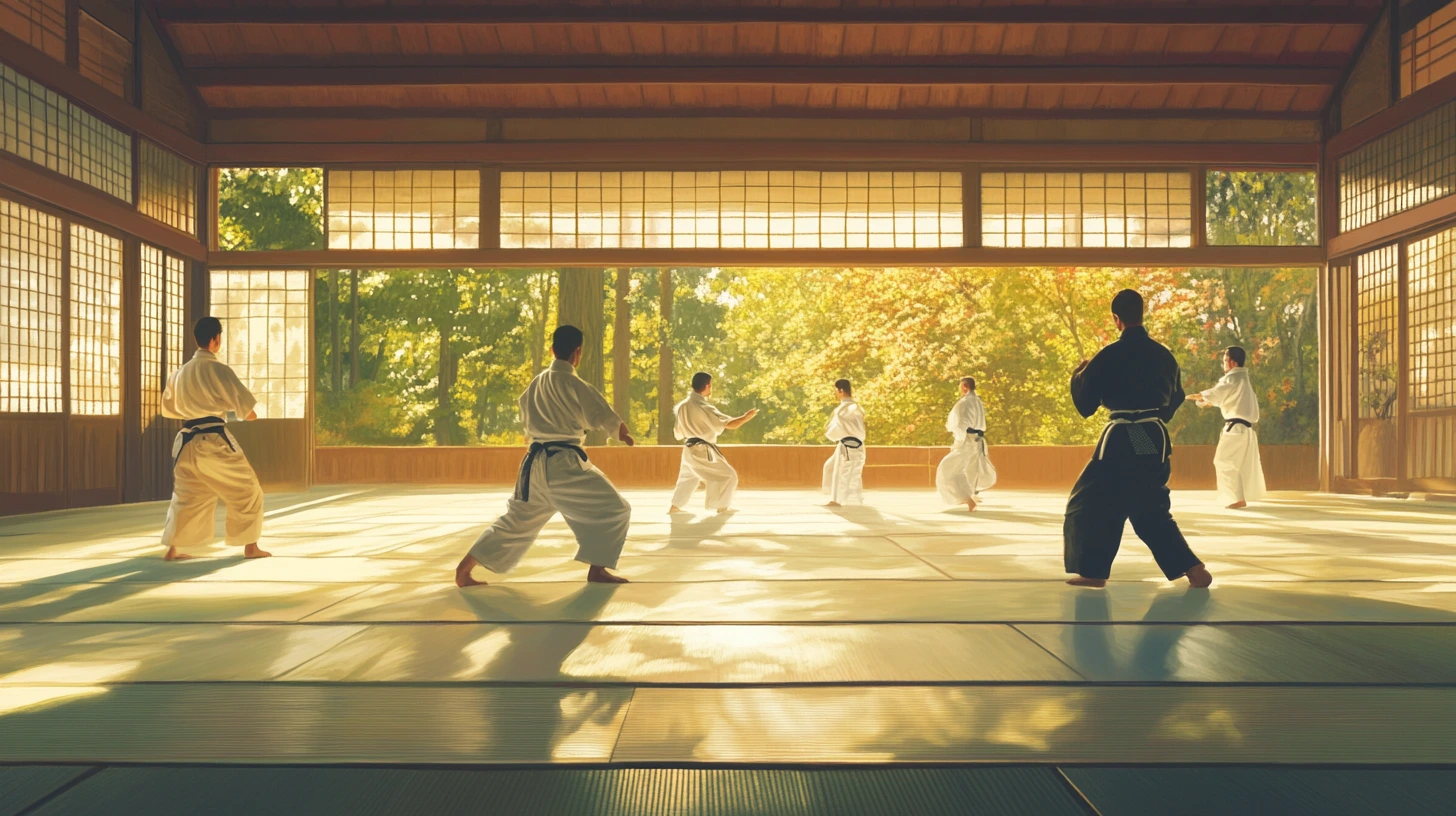 An Aikido practitioner stretching to improve flexibility before class