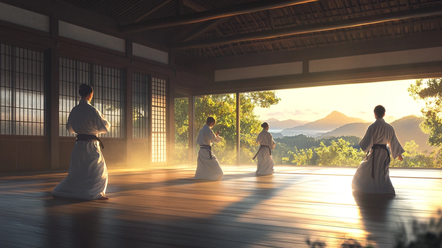 a serene dojo with practitioners performing Aikido techniques, showcasing fluid movements, focus and the blend with opponent's energy.