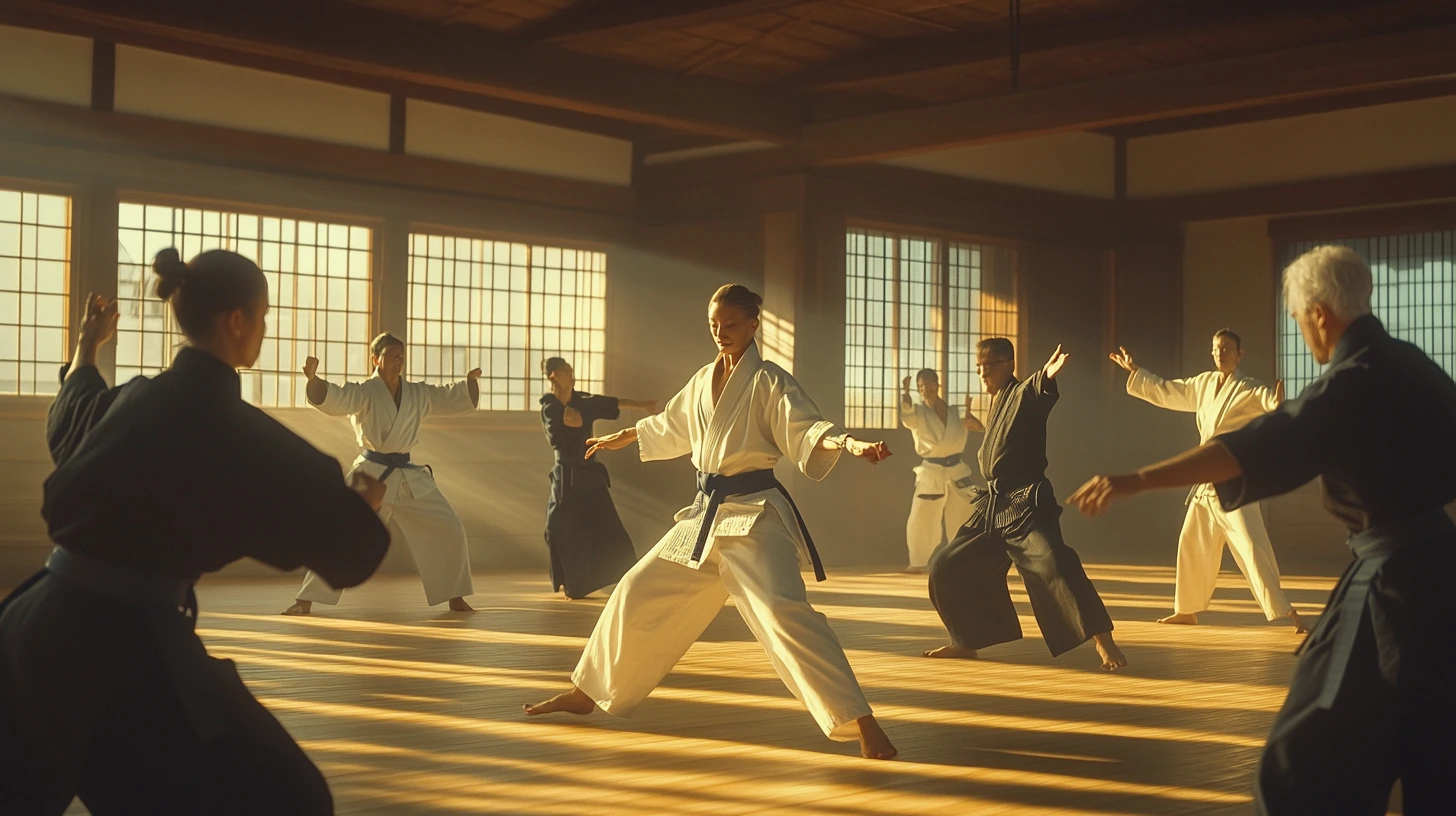 A group of diverse people of various ages practicing Aikido in a peaceful dojo, demonstrating fluid movements and balance.