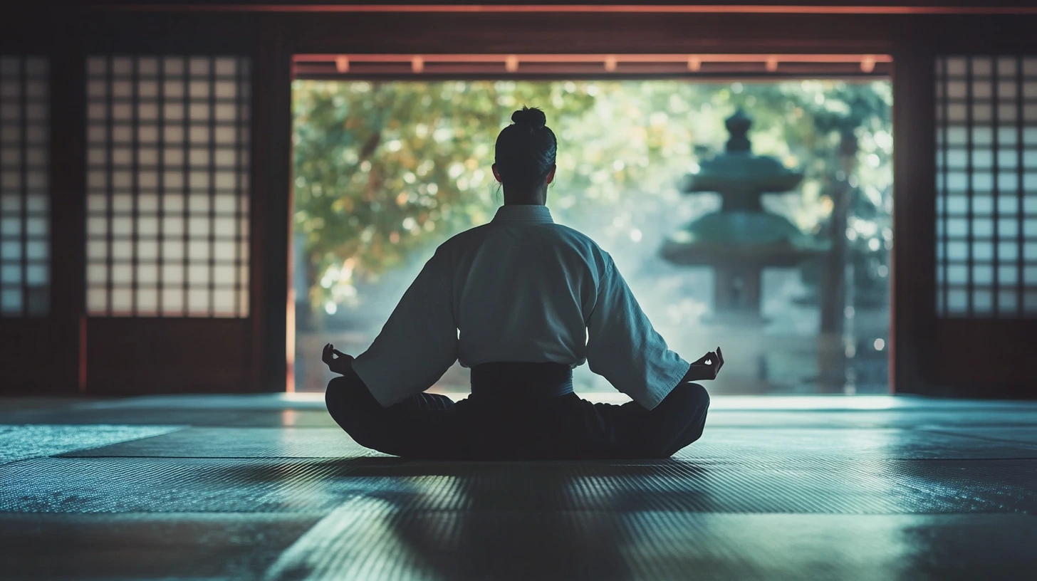 An Aikido practitioner meditating quietly before training as part of their routine