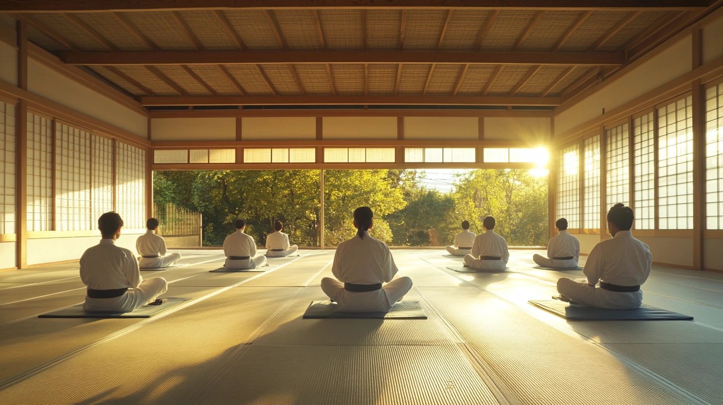 A serene Aikido dojo with practitioners meditating, soft natural light filling the space, reflecting calm and focus.
