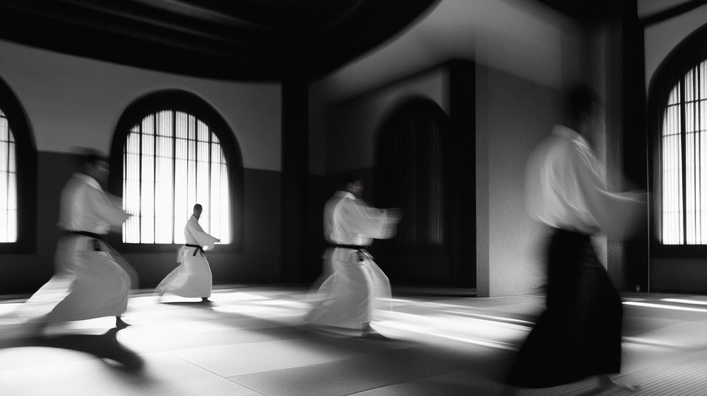 a serene Aikido dojo with practitioners demonstrating peaceful techniques in harmonious movement