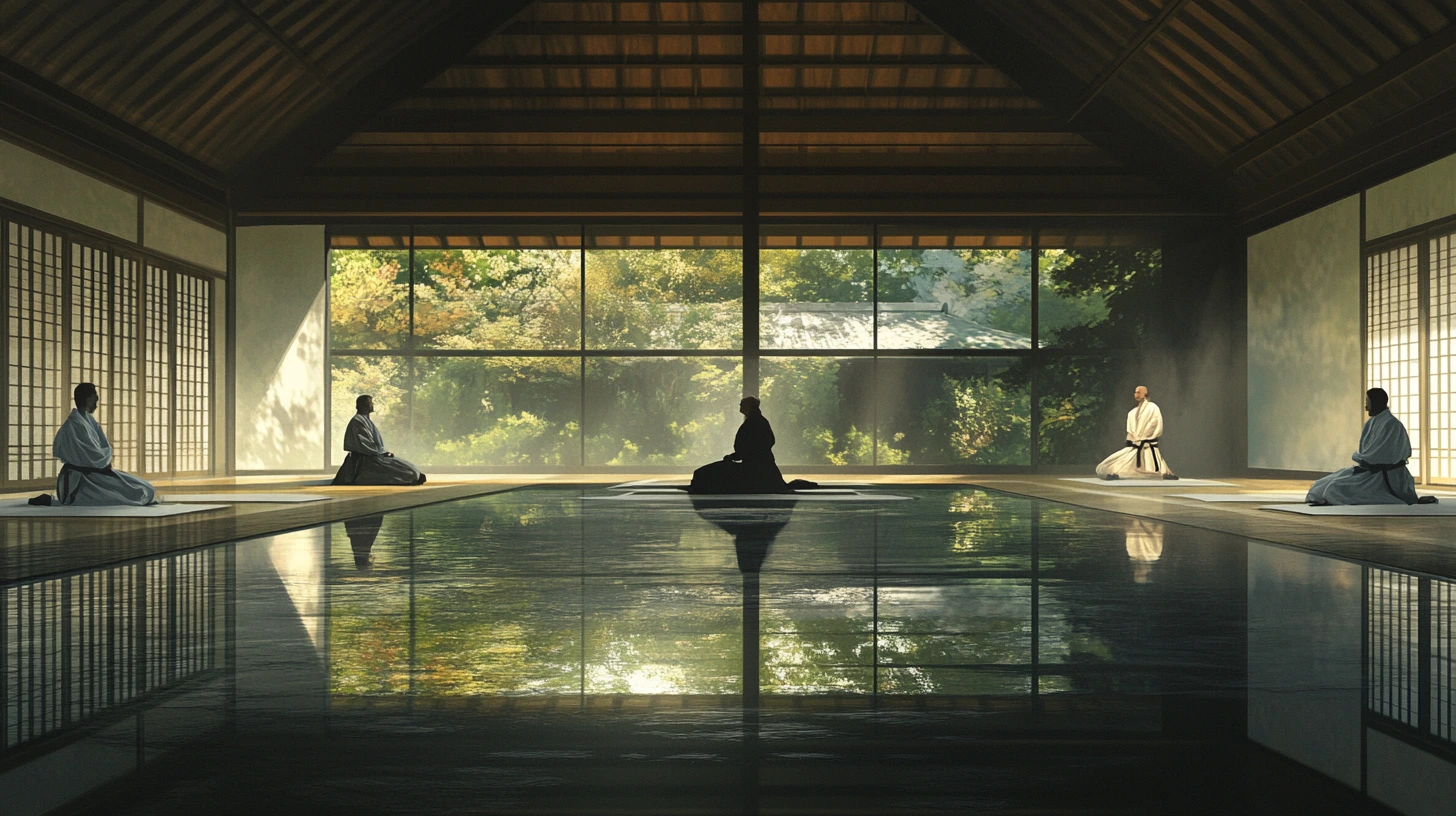 a serene dojo with practitioners demonstrating Aikido techniques, embodying harmony and discipline