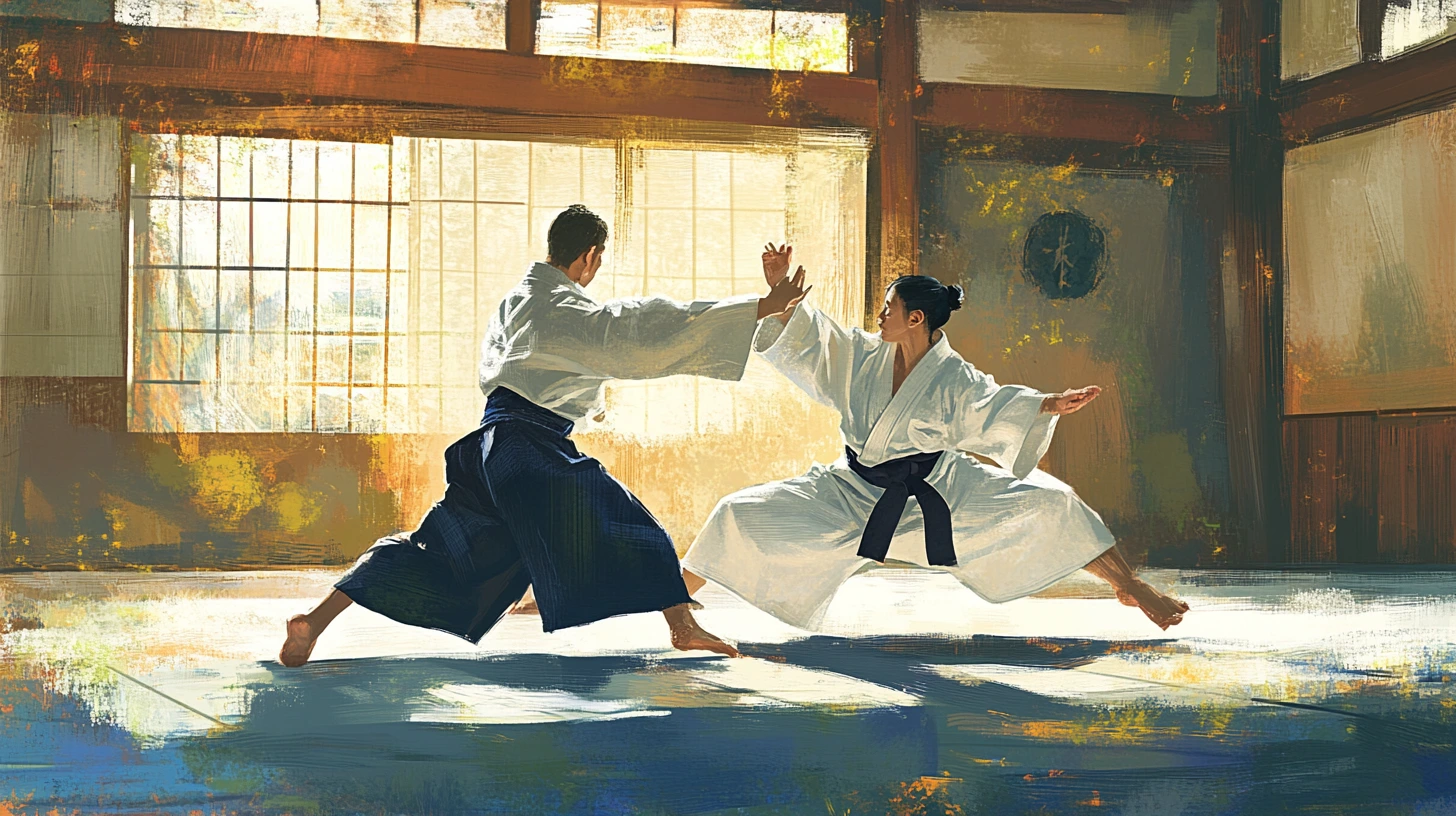 Illustration of two Aikido practitioners demonstrating a throw and a joint lock in a dojo setting, emphasizing fluidity and harmony